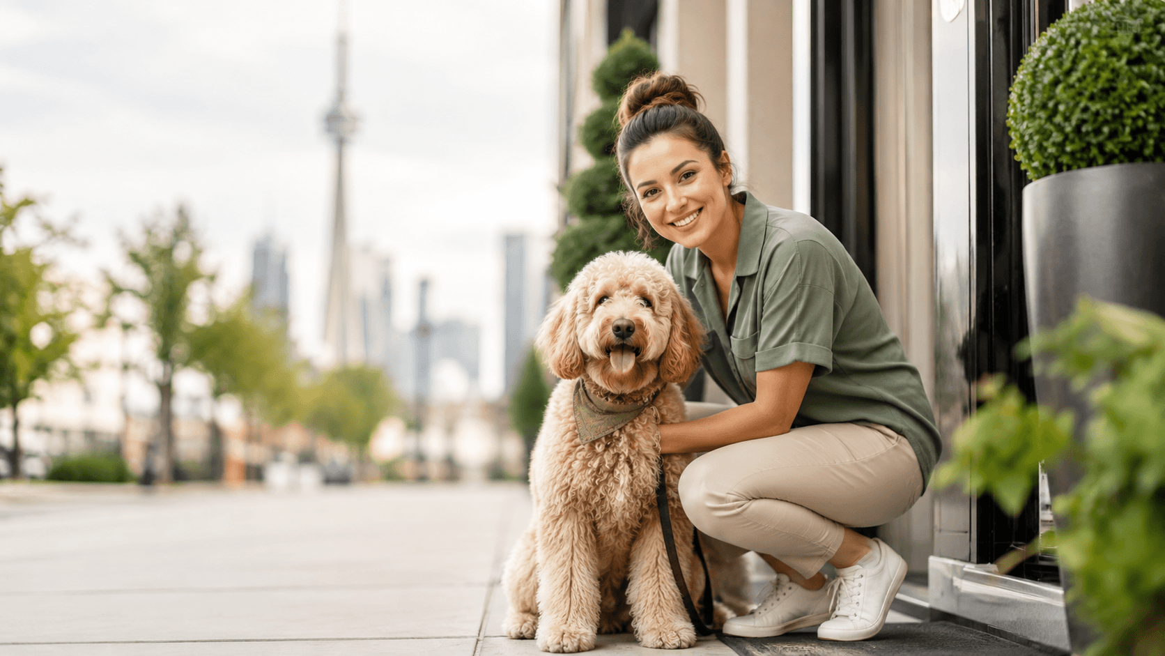 Friendly caregiver welcoming a fluffy dog near a modern entrance