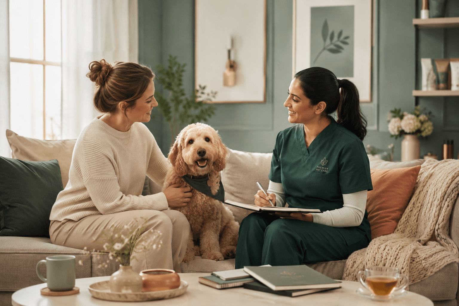 Caregiver and pet parent discussing care with a calm dog
