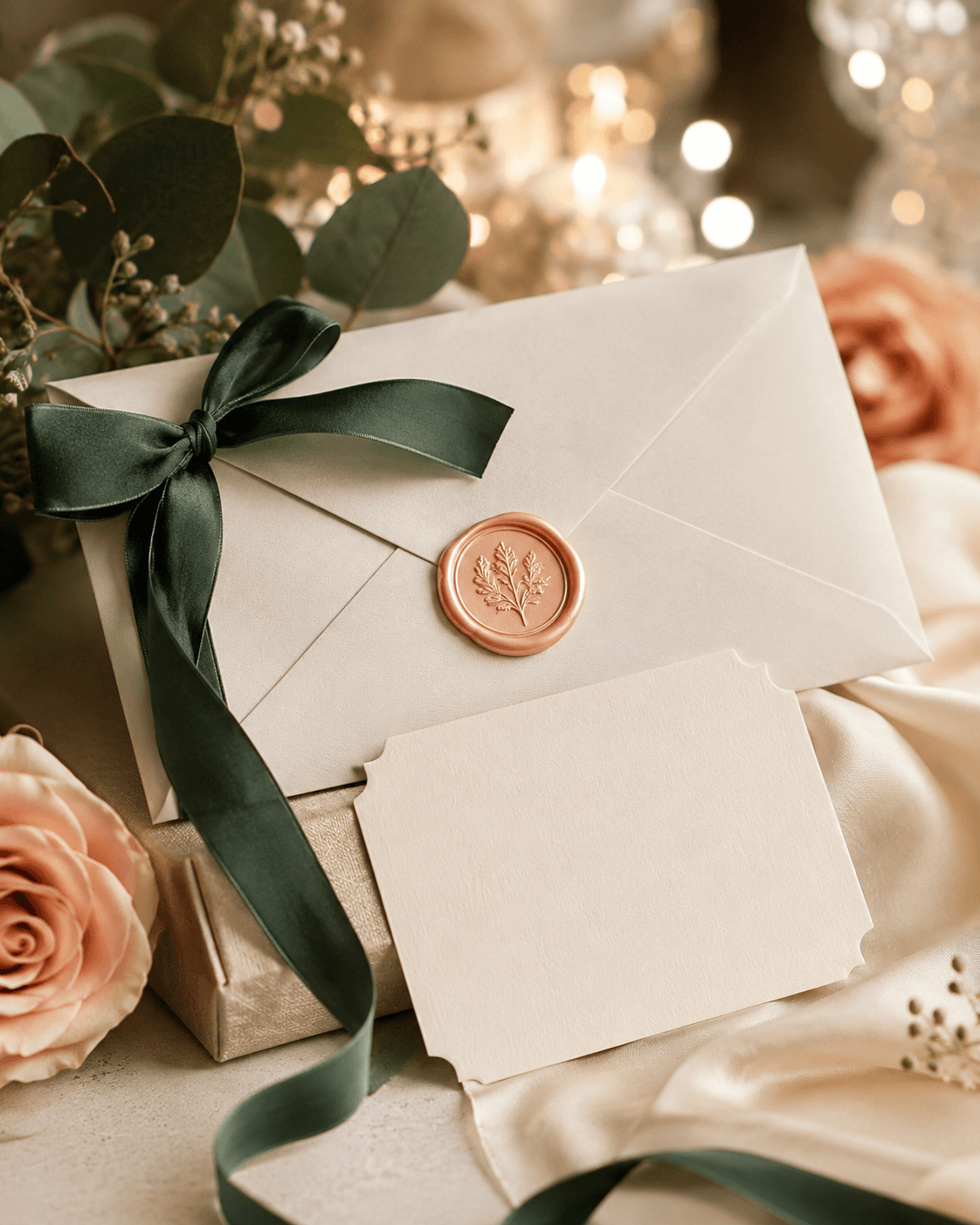 Elegant pet-care gift card presentation with forest green and peach accents