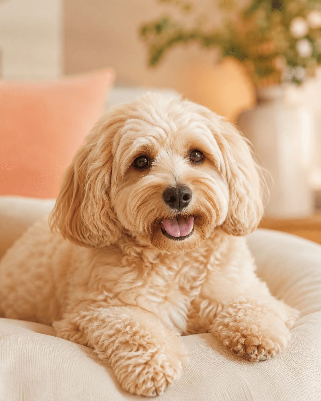 Happy relaxed dog portrait against a warm interior background