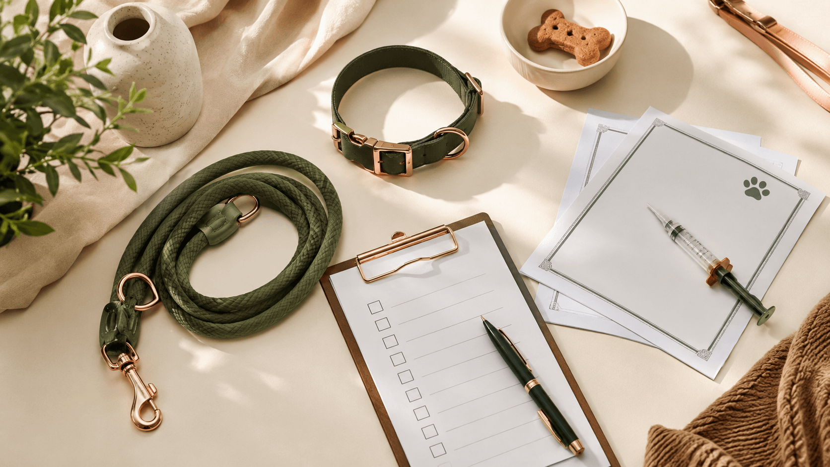 Leash and pet-care details arranged neatly on a warm surface