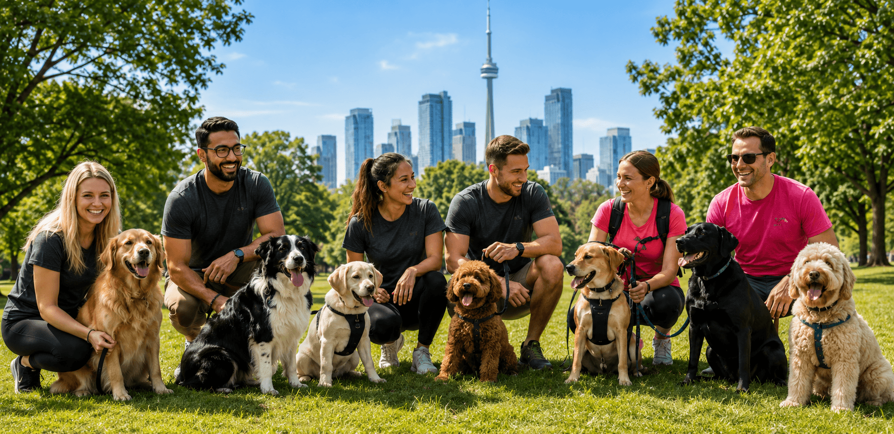 Professional pet caregivers with a calm dog in a bright studio
