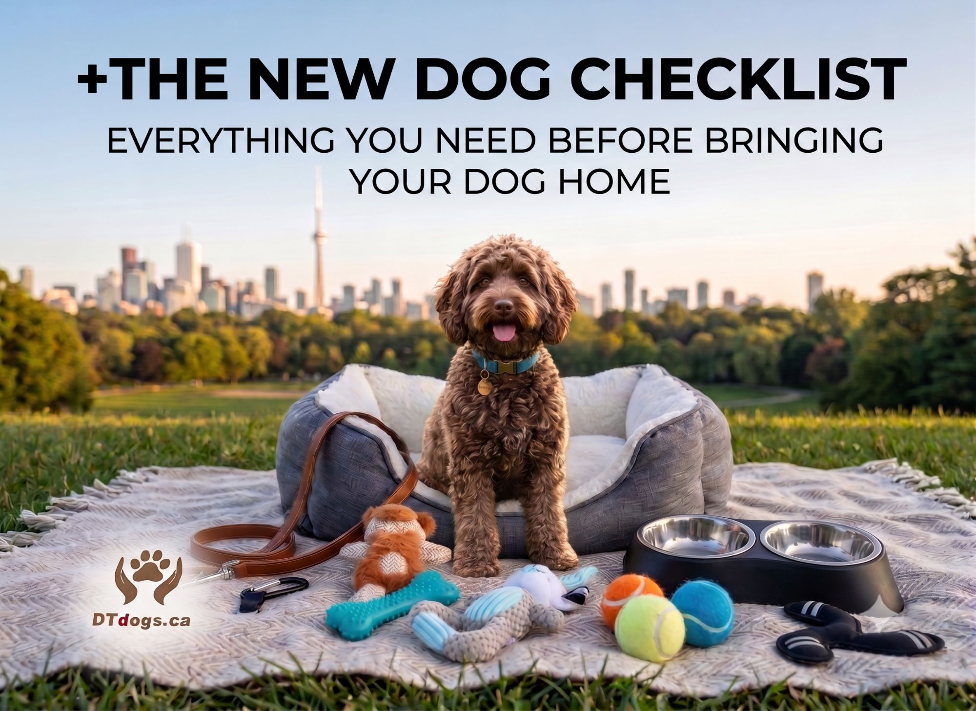 New puppy with essential supplies and checklist for bringing dog home